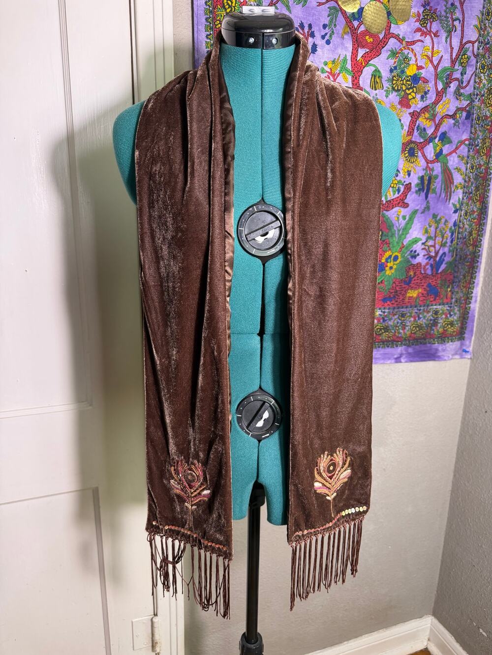 Brown Velvet Scarf Peacock Feather Embroidered Beaded Fringe Boho 62"